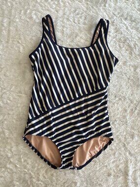 Lands End Nautical Stripe Navy White One Piece Swimsuit 6P 6 Petite
